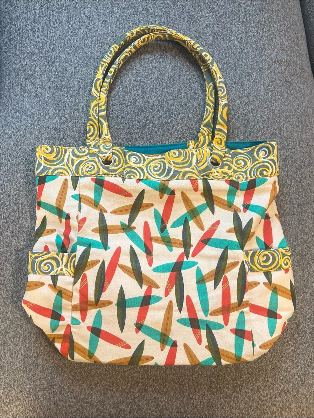 Canvas Heidi dobroll Tote Bag in Cream with Teal, Red & Mustard Accents
